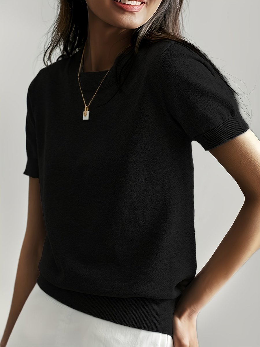Women's Relaxed-Fit Short-Sleeve Crew Neck Knit Sweater Top - Black