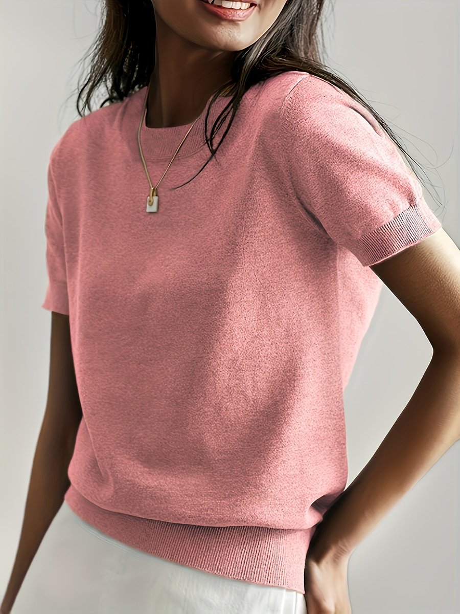 Women's Relaxed-Fit Short-Sleeve Crew Neck Knit Sweater Top - Pink