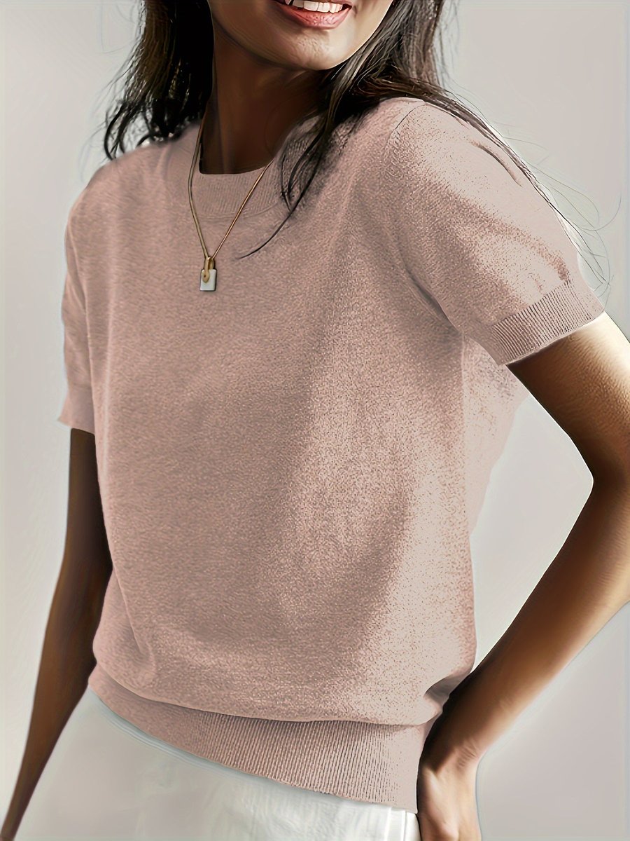 Women's Relaxed-Fit Short-Sleeve Crew Neck Knit Sweater Top - Peach