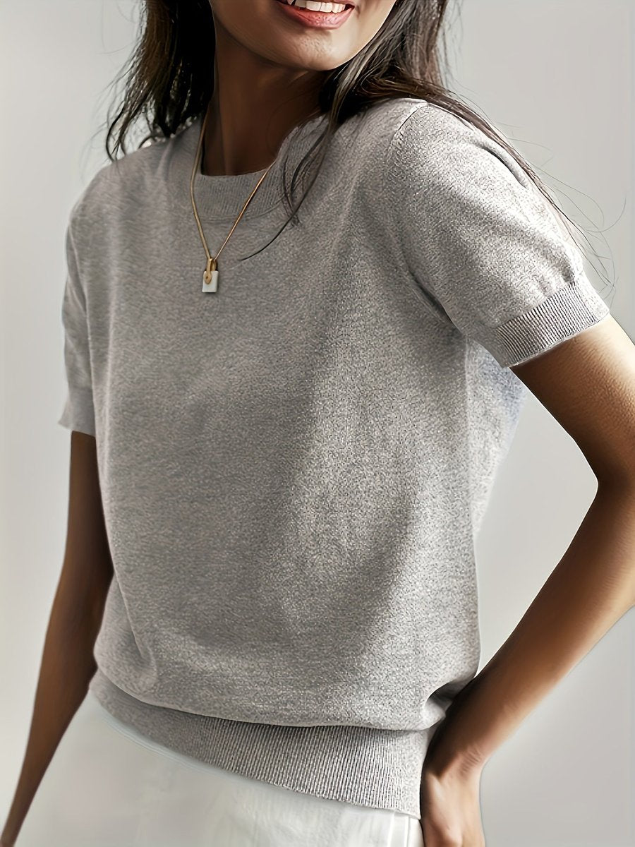 Women's Relaxed-Fit Short-Sleeve Crew Neck Knit Sweater Top - Light Gray