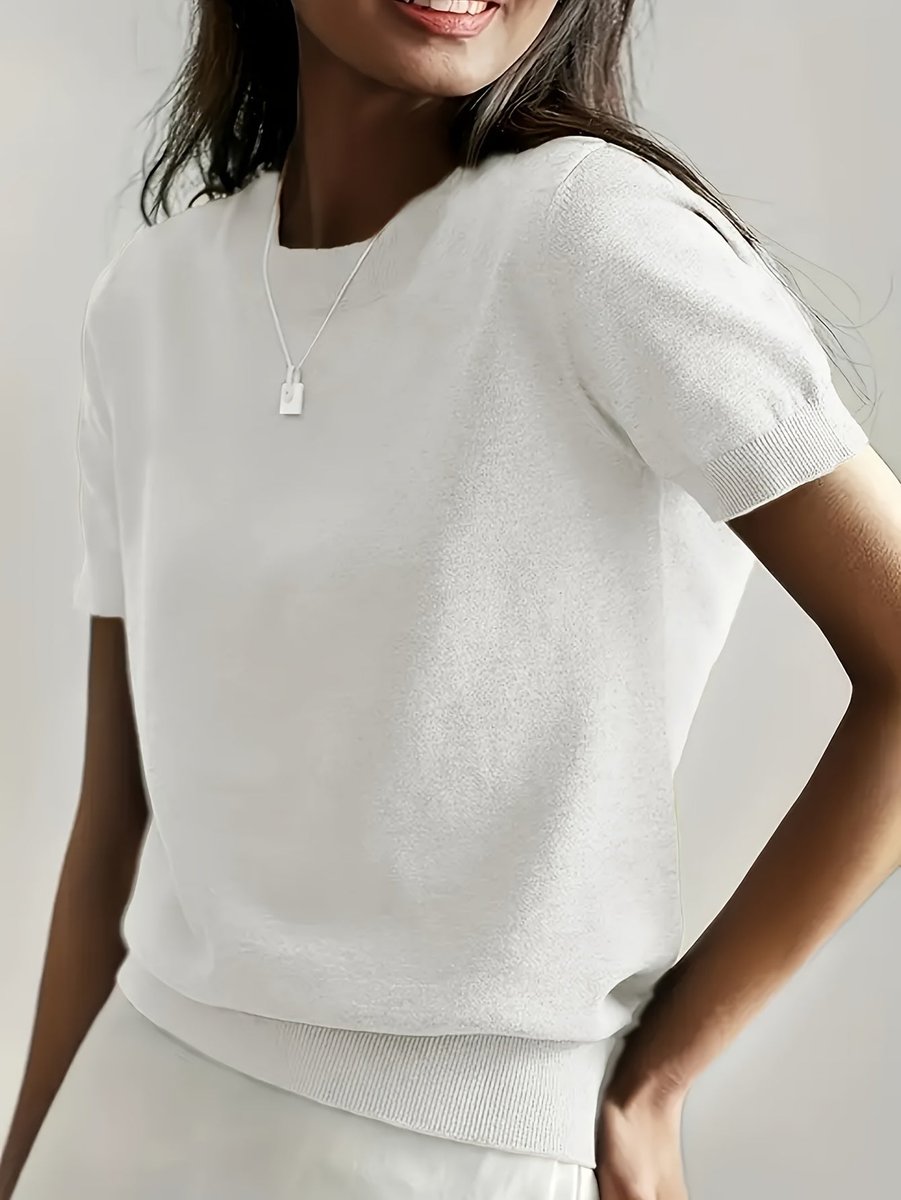 Women's Relaxed-Fit Short-Sleeve Crew Neck Knit Sweater Top - White