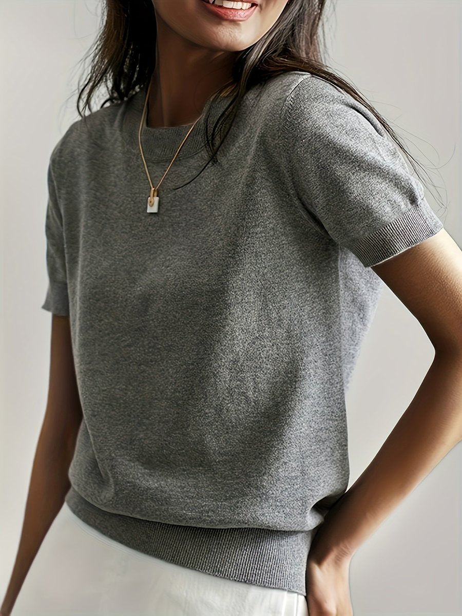 Women's Relaxed-Fit Short-Sleeve Crew Neck Knit Sweater Top - Gray