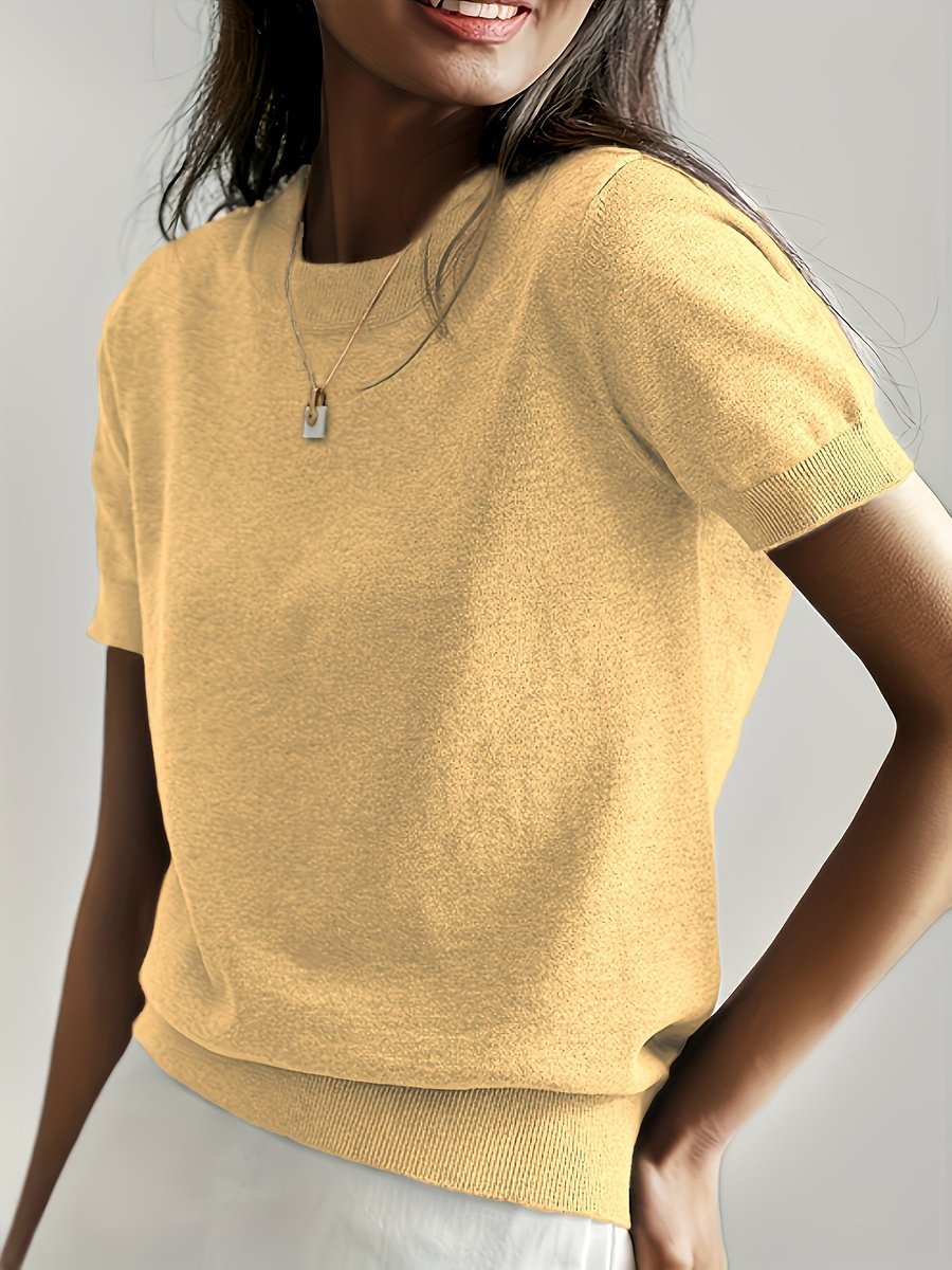 Women's Relaxed-Fit Short-Sleeve Crew Neck Knit Sweater Top - Yellow