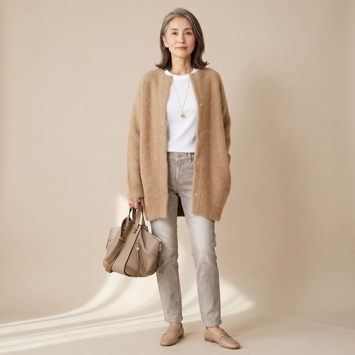 Women's Relaxed-Fit Snap-Button Knit Cardigan - Beige