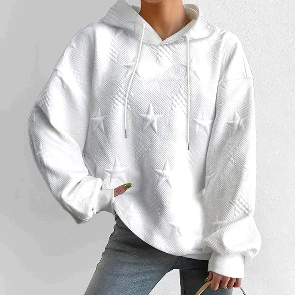 Women's Relaxed-Fit Star-Embossed Hoodie Pullover Sweatshirt - White