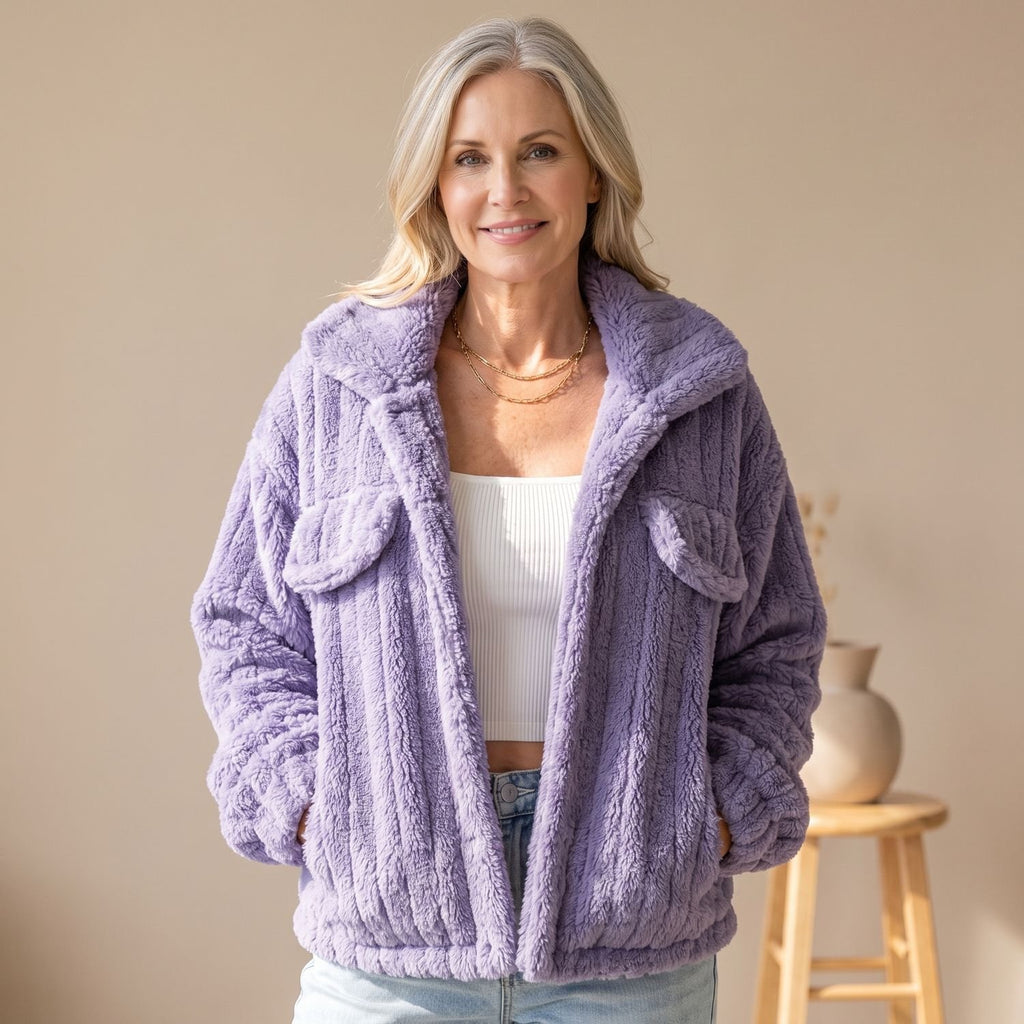 Women's Relaxed-Fit Teddy Fleece Faux Fur Coat Wide-Collar Jacket - Purple