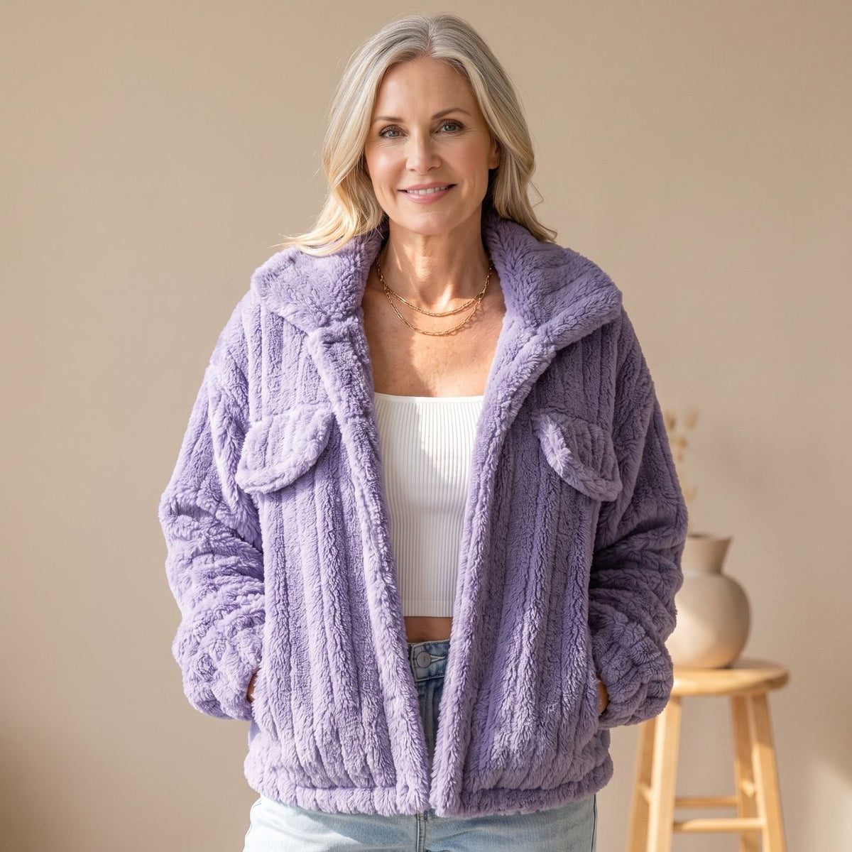 Women's Relaxed-Fit Teddy Fleece Faux Fur Coat Wide-Collar Jacket - Purple