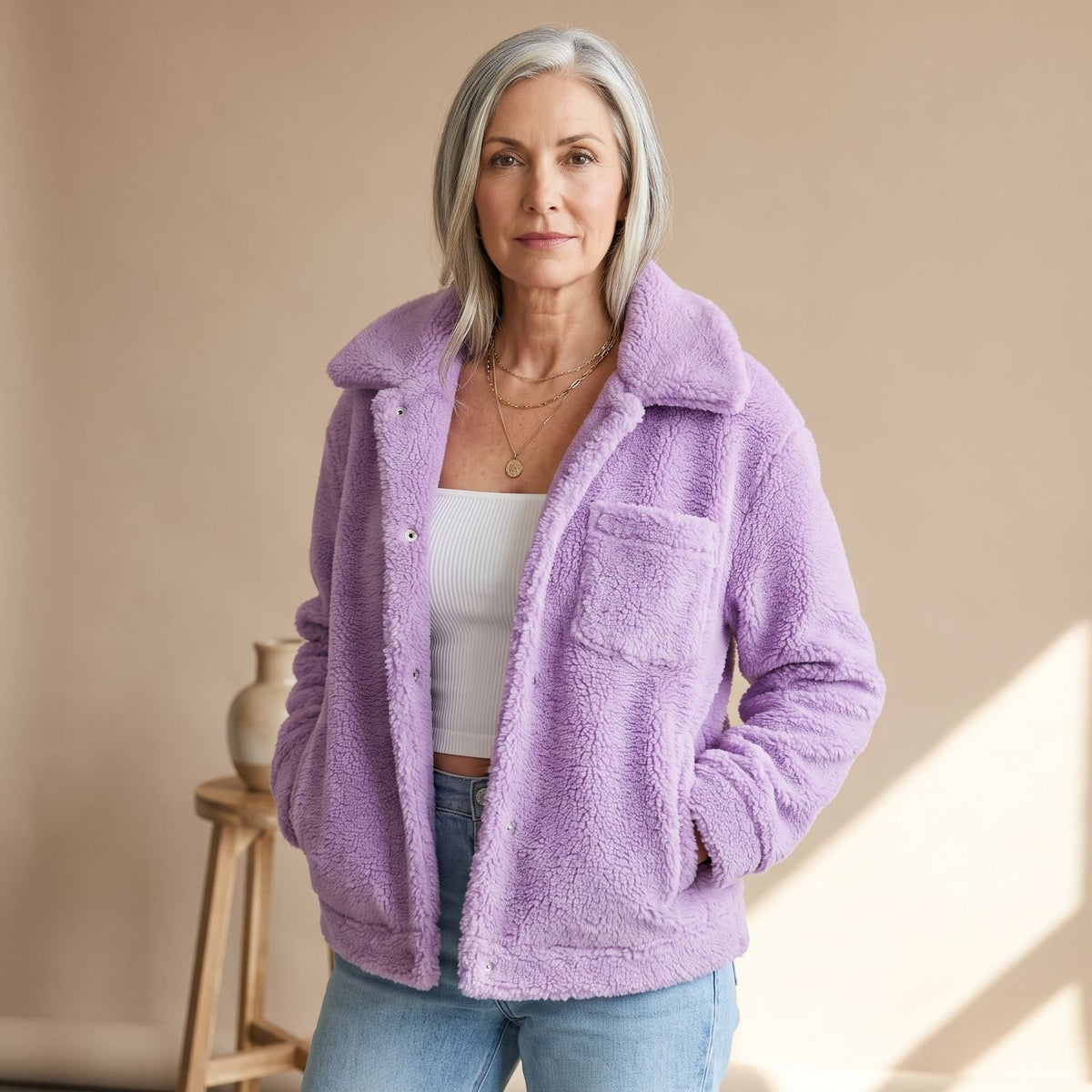 Women's Relaxed-Fit Teddy Fleece Faux Fur Coat Wide-Collar Jacket