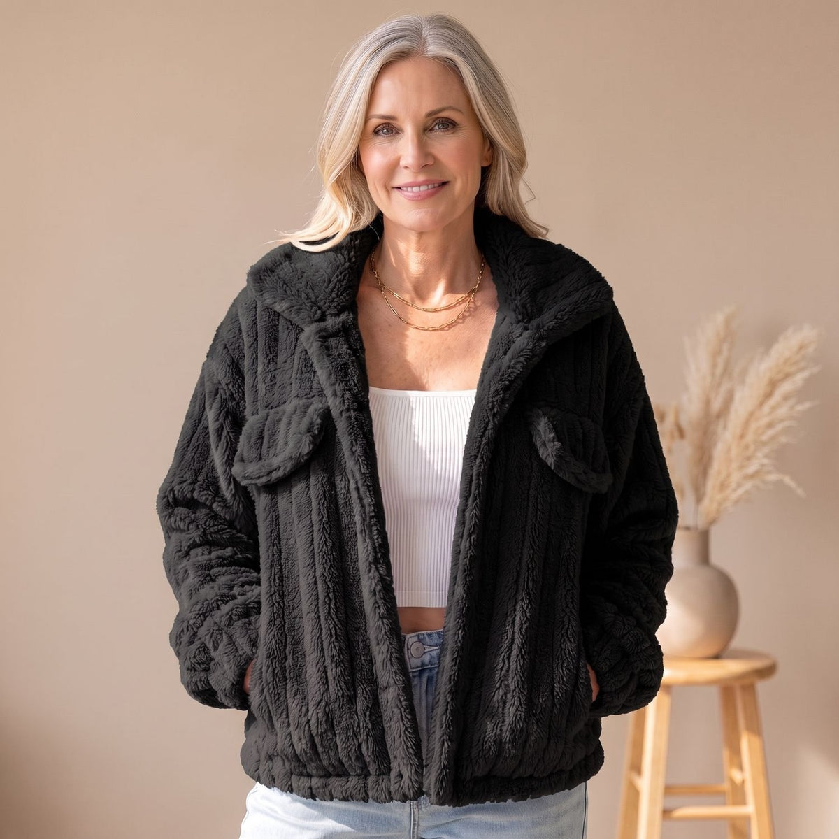 Women's Relaxed-Fit Teddy Fleece Faux Fur Coat Wide-Collar Jacket - Black