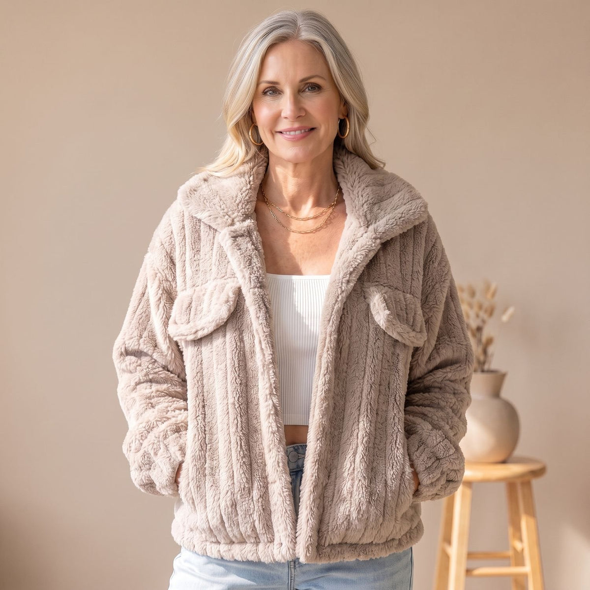 Women's Relaxed-Fit Teddy Fleece Faux Fur Coat Wide-Collar Jacket - Beige