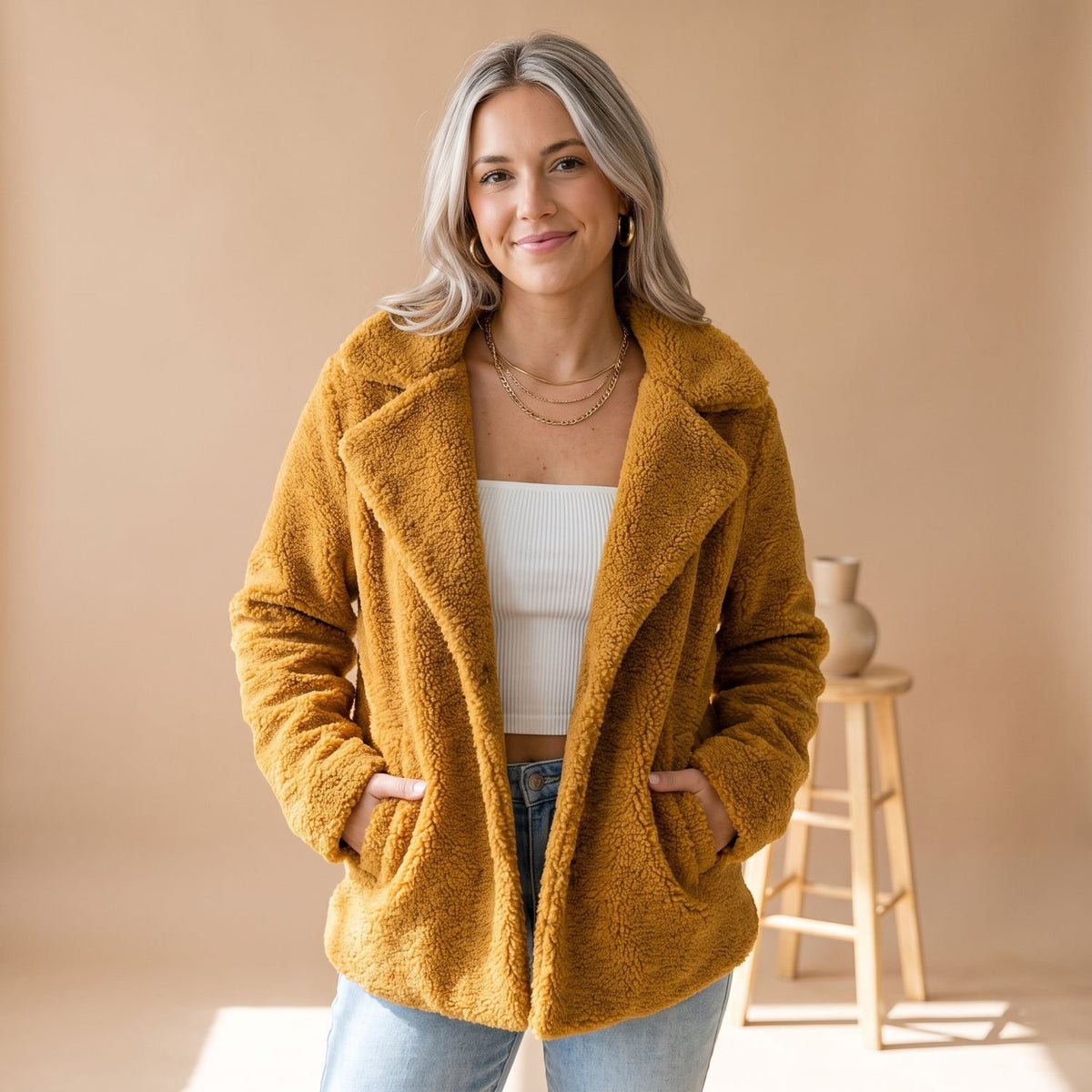 Women's Relaxed-Fit Teddy Fleece Faux Fur Coat Wide-Collar Jacket - Yellow