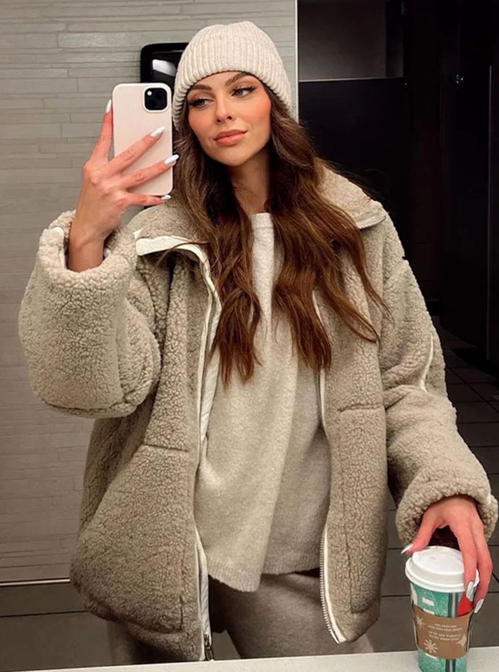 Women's Relaxed-Fit Teddy Zip-Up Fleece Jacket - Beige