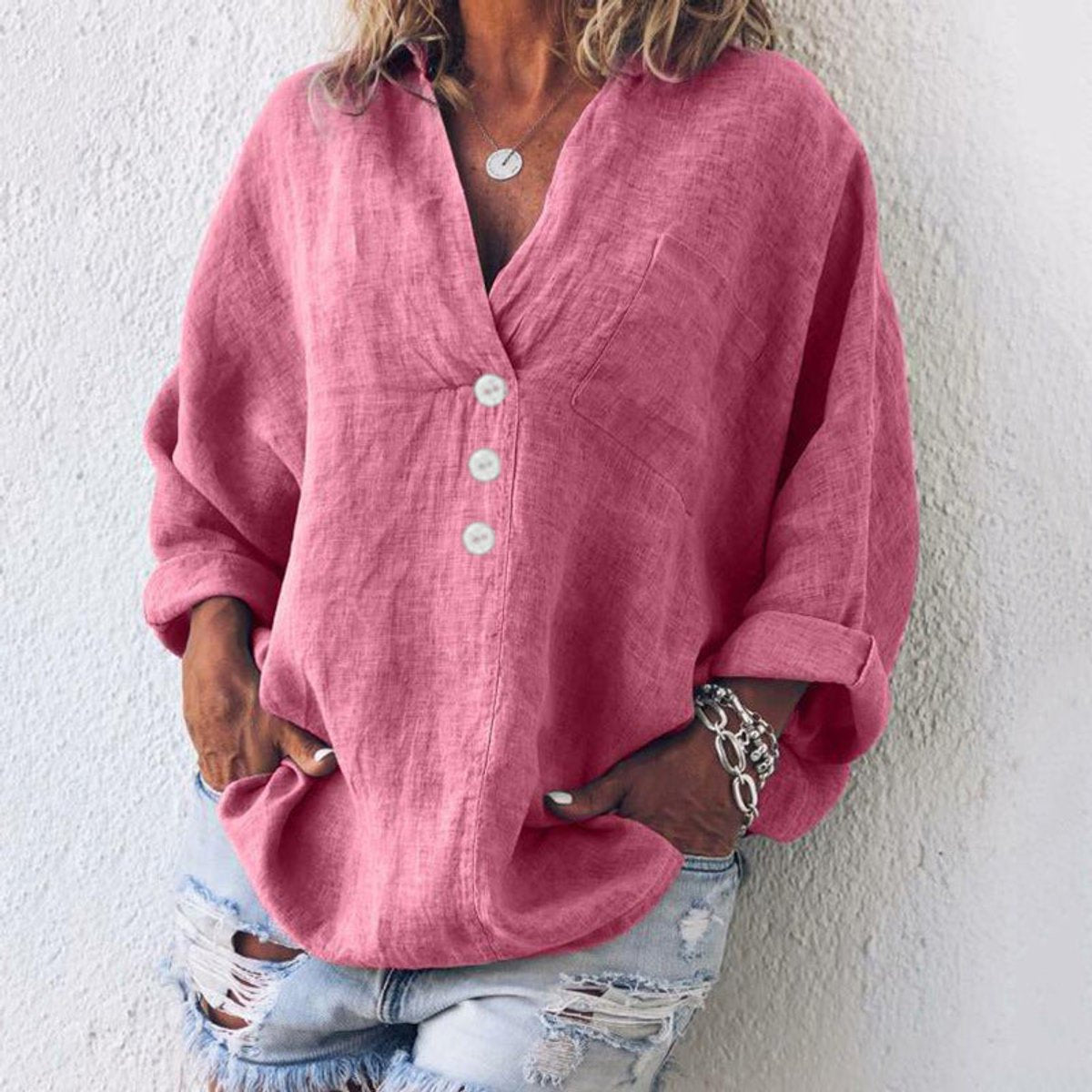 Women's Relaxed-Fit V-Neck Button-Up Linen Knit Sweater Top - Pink