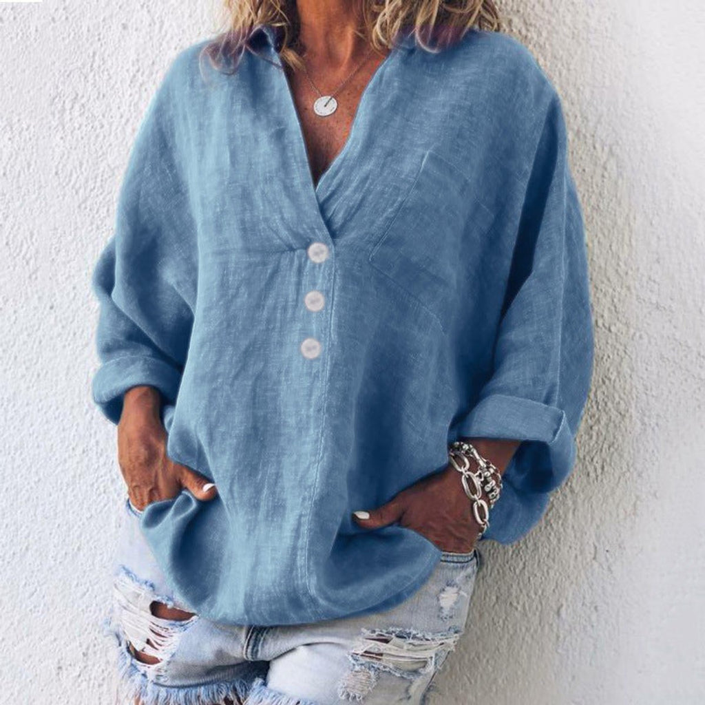 Women's Relaxed-Fit V-Neck Button-Up Linen Knit Sweater Top - Blue
