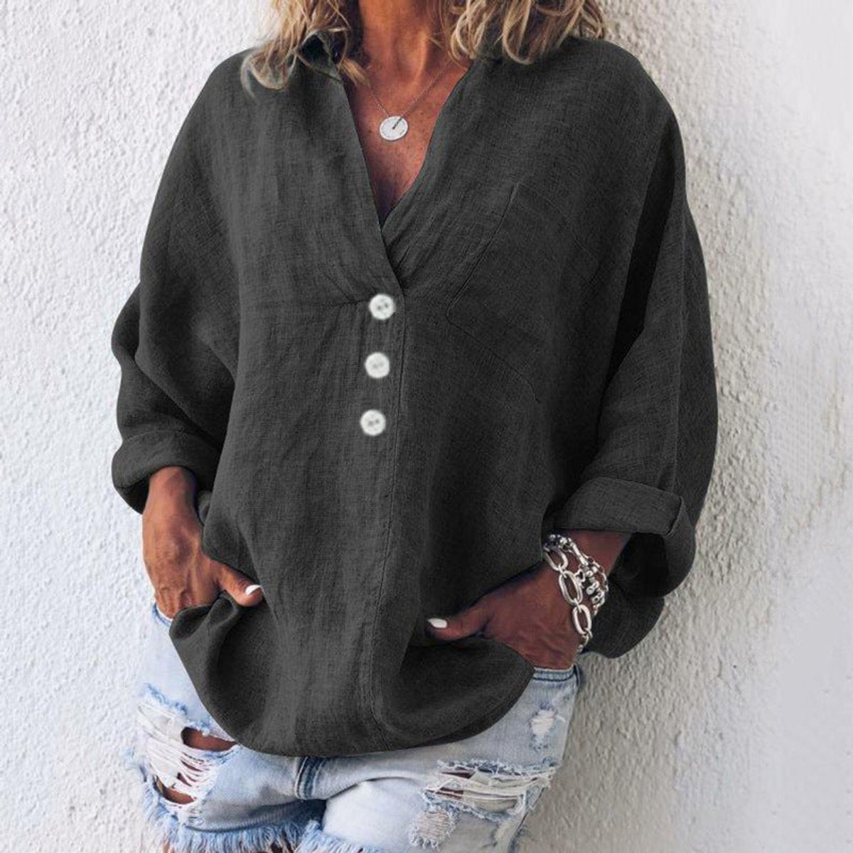 Women's Relaxed-Fit V-Neck Button-Up Linen Knit Sweater Top - Black