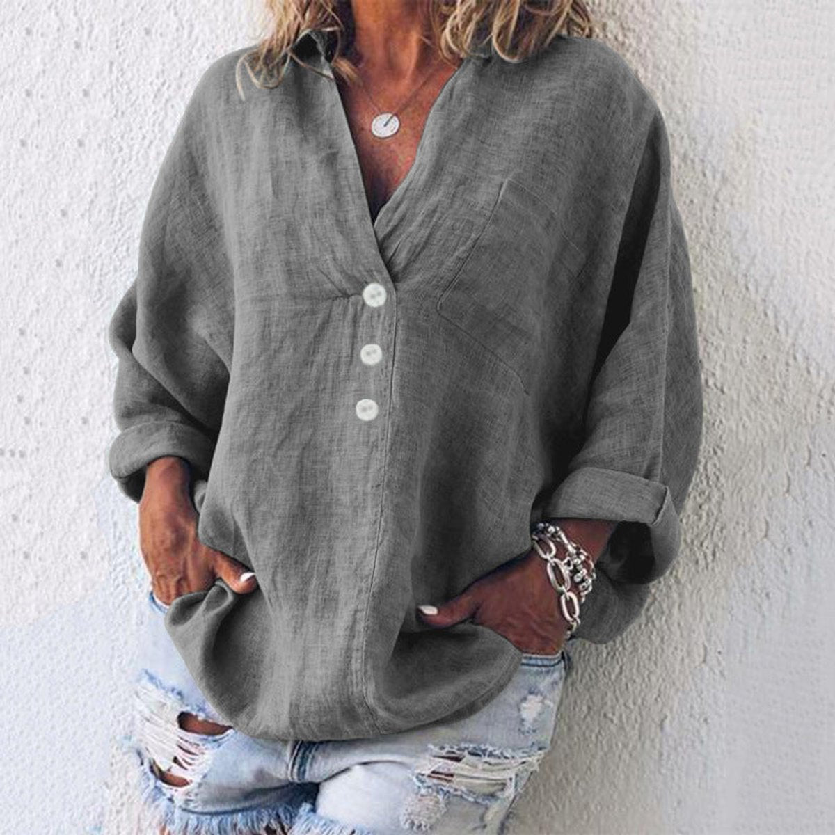 Women's Relaxed-Fit V-Neck Button-Up Linen Knit Sweater Top - Gray