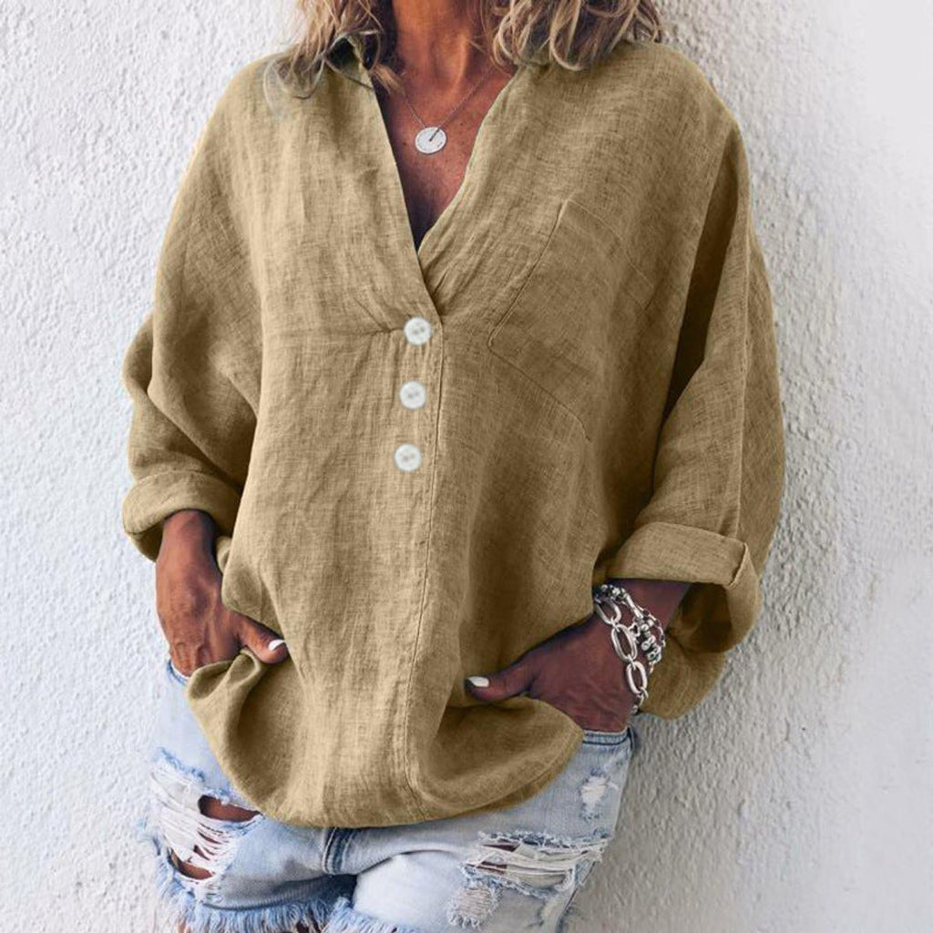 Women's Relaxed-Fit V-Neck Button-Up Linen Knit Sweater Top - Khaki