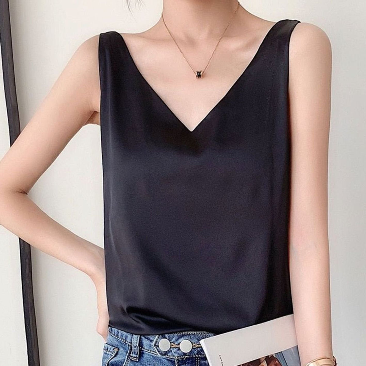 Women's Relaxed-Fit V-Neck Draped Satin Tanks - Black