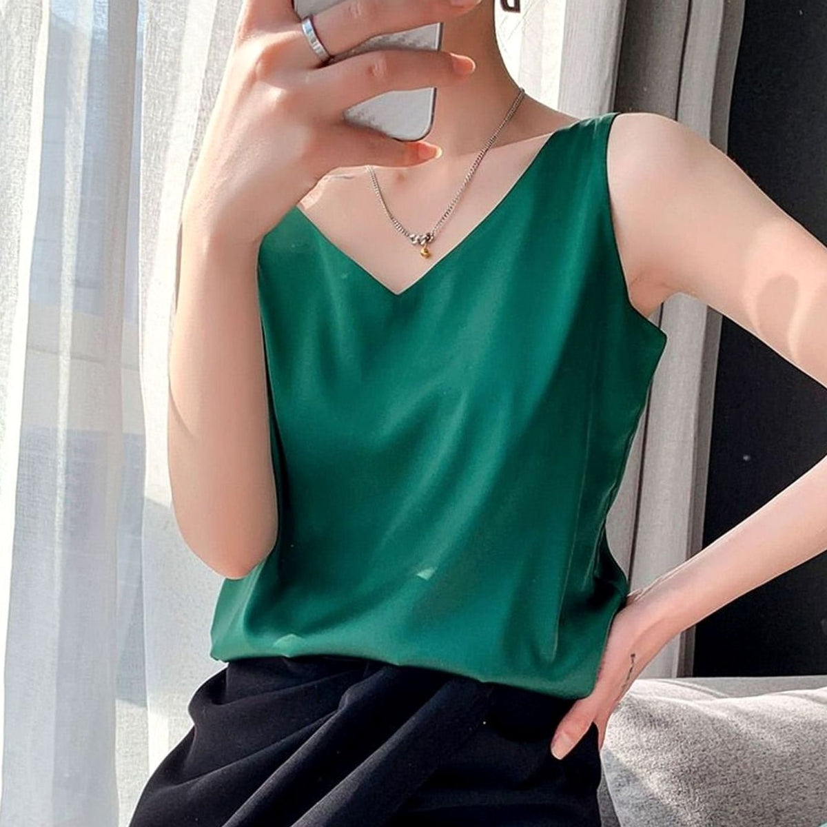 Women's Relaxed-Fit V-Neck Draped Satin Tanks - Green