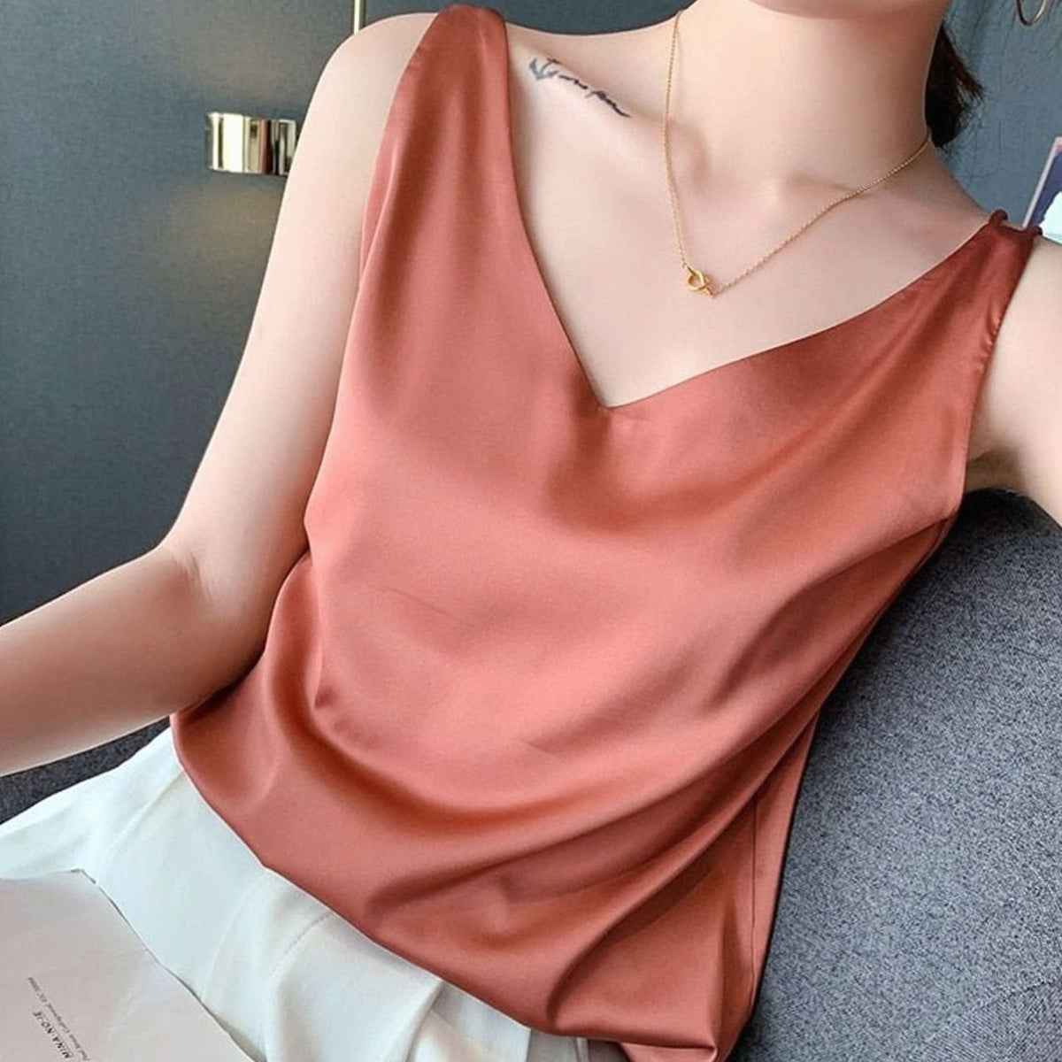 Women's Relaxed-Fit V-Neck Draped Satin Tanks - Orange