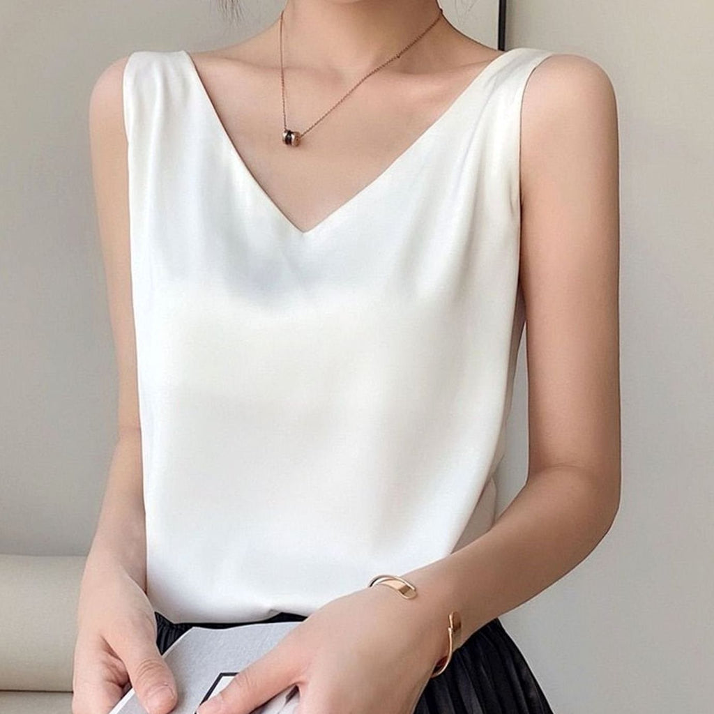 Women's Relaxed-Fit V-Neck Draped Satin Tanks - White