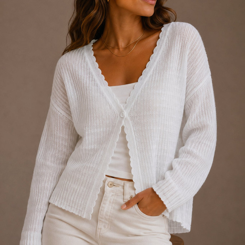 Women's Relaxed-Fit V-Neck Scallop-Trim Knit Cardigan - White