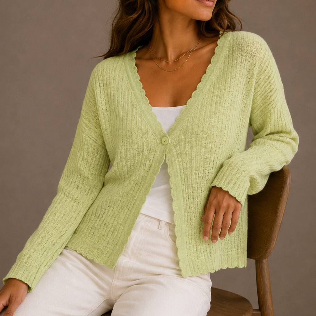 Women's Relaxed-Fit V-Neck Scallop-Trim Knit Cardigan - Green