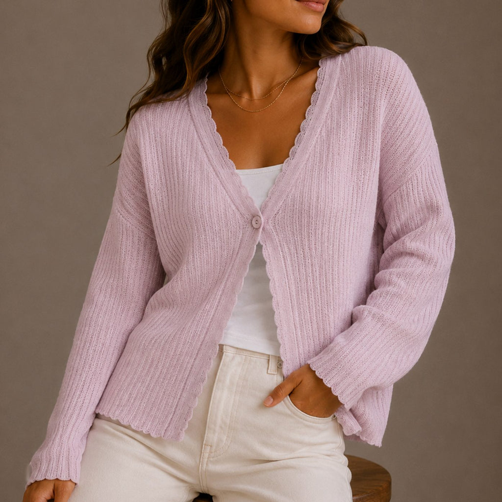 Women's Relaxed-Fit V-Neck Scallop-Trim Knit Cardigan - Pink