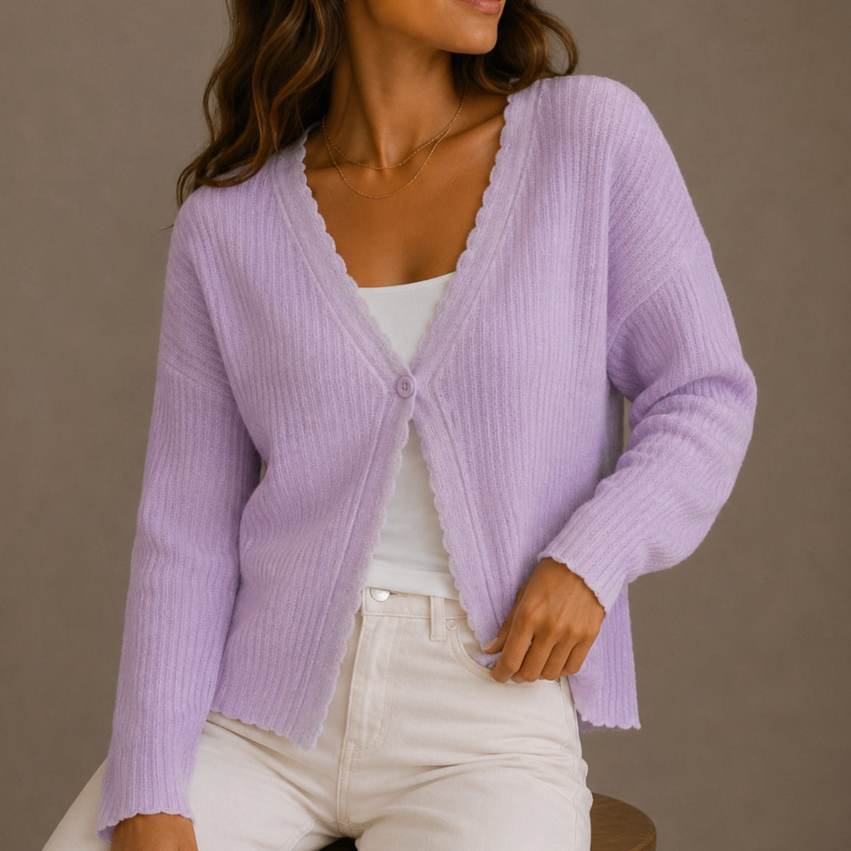 Women's Relaxed-Fit V-Neck Scallop-Trim Knit Cardigan - Purple