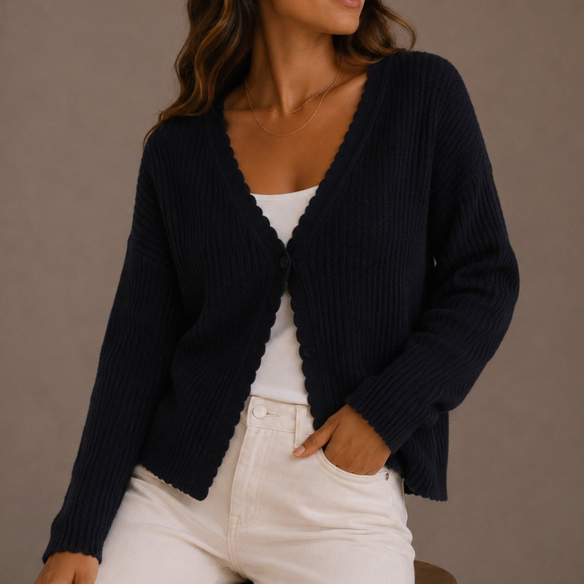 Women's Relaxed-Fit V-Neck Scallop-Trim Knit Cardigan - Navy