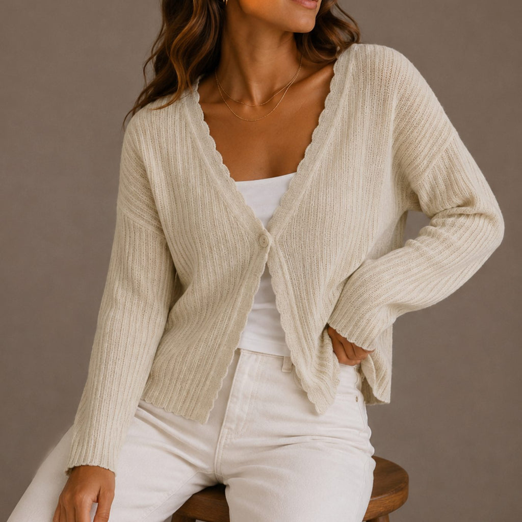 Women's Relaxed-Fit V-Neck Scallop-Trim Knit Cardigan - Beige
