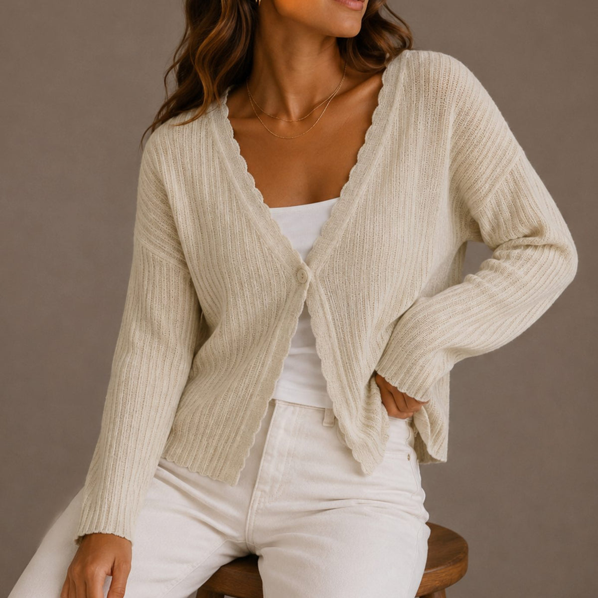 Women's Relaxed-Fit V-Neck Scallop-Trim Knit Cardigan - Beige