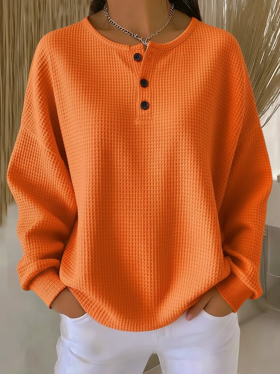 Women's Relaxed-Fit Waffle Henley Knit Sweater - Orange