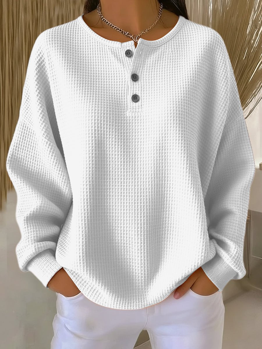 Women's Relaxed-Fit Waffle Henley Knit Sweater - White