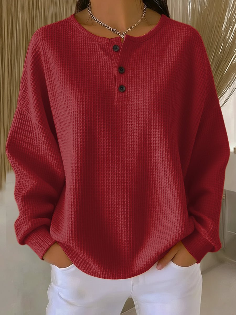 Women's Relaxed-Fit Waffle Henley Knit Sweater - Red
