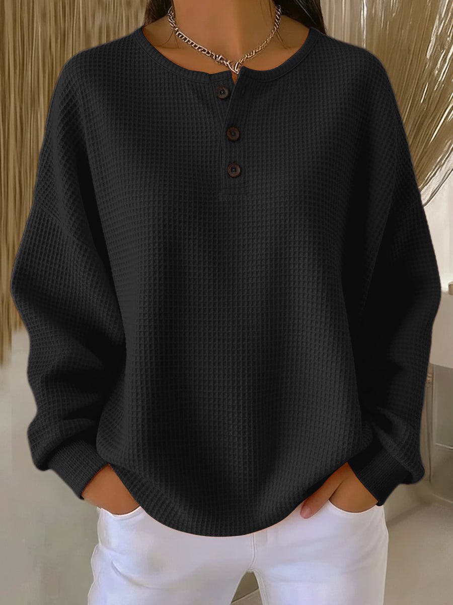 Women's Relaxed-Fit Waffle Henley Knit Sweater - Black