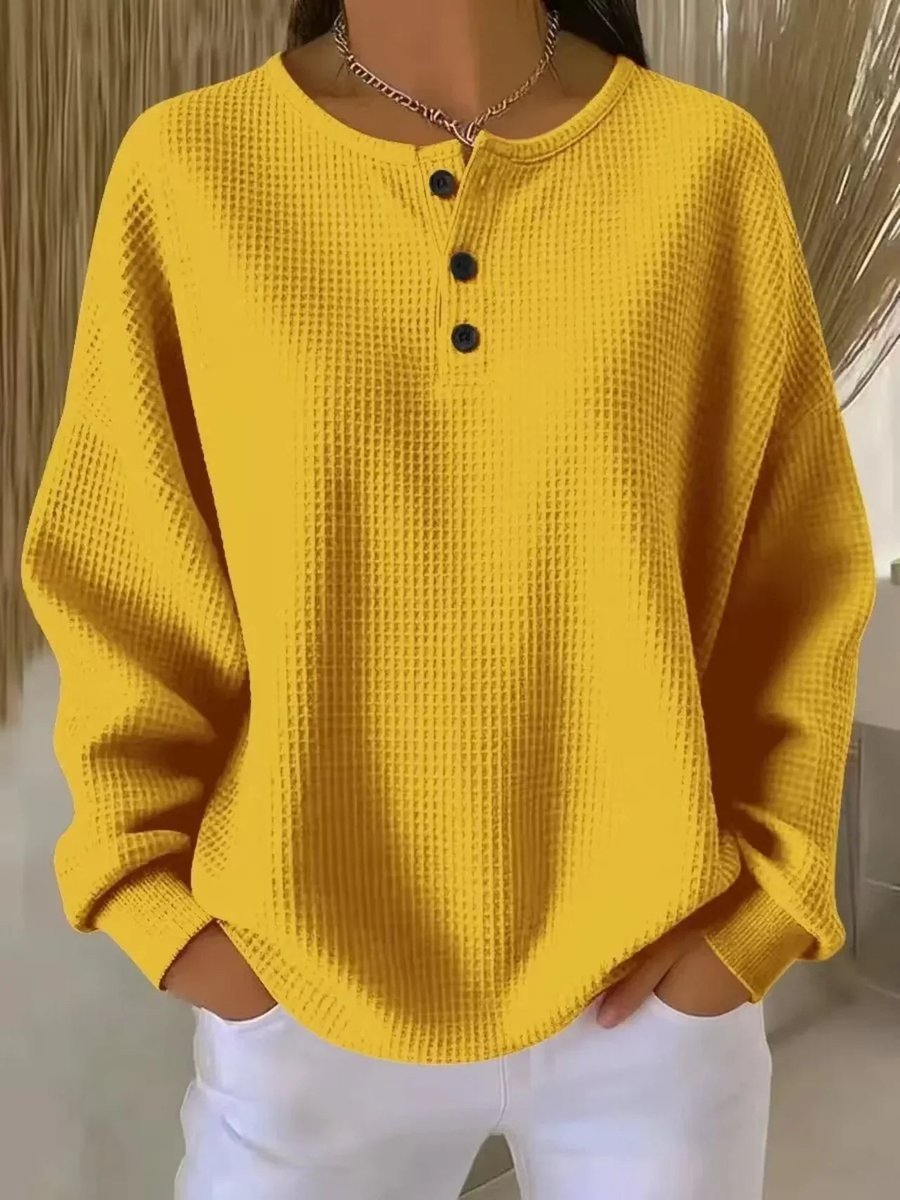 Women's Relaxed-Fit Waffle Henley Knit Sweater - Yellow