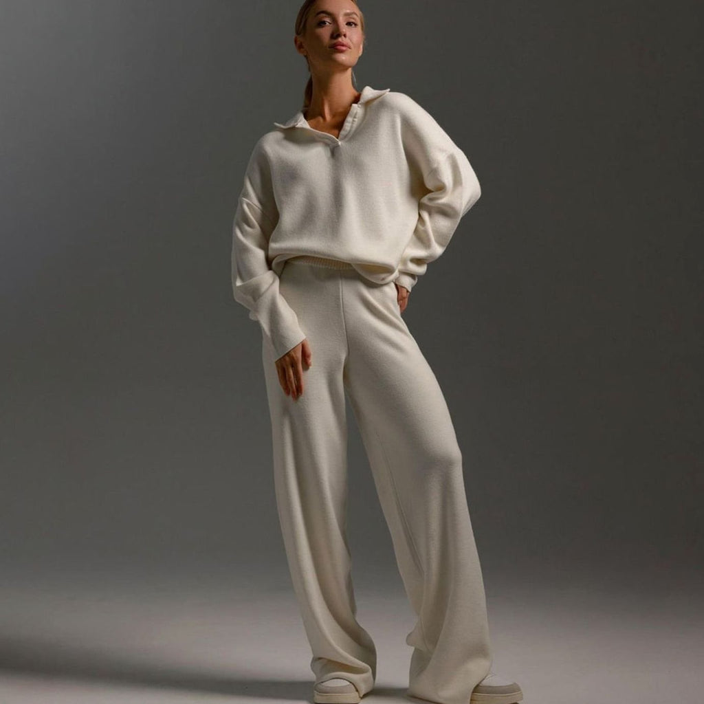 Women's Relaxed-Fit Wide-Leg Knit Lounge Set Two-Piece - Beige