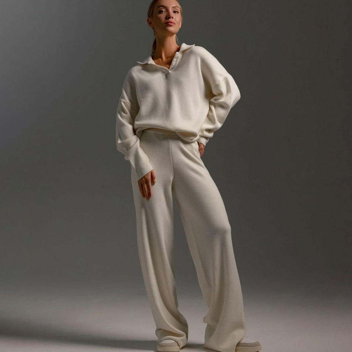 Women's Relaxed-Fit Wide-Leg Knit Lounge Set Two-Piece - Beige