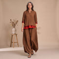 Women's Relaxed Flowing Two-Piece Lounge Set Layered Contrast Detail - Brown