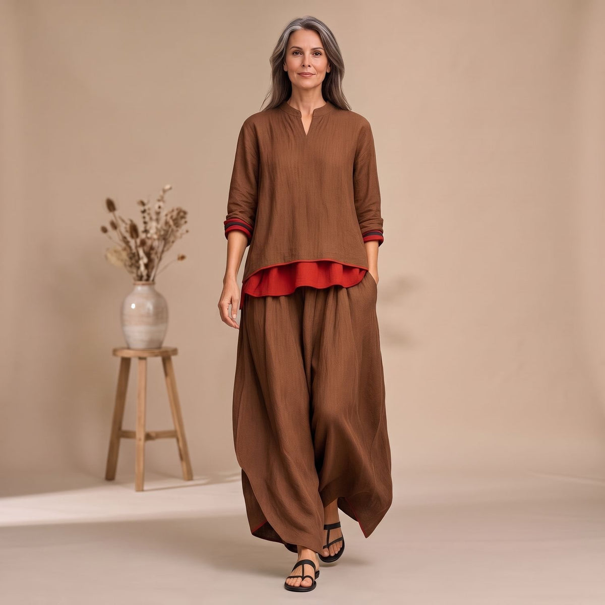 Women's Relaxed Flowing Two-Piece Lounge Set Layered Contrast Detail - Brown