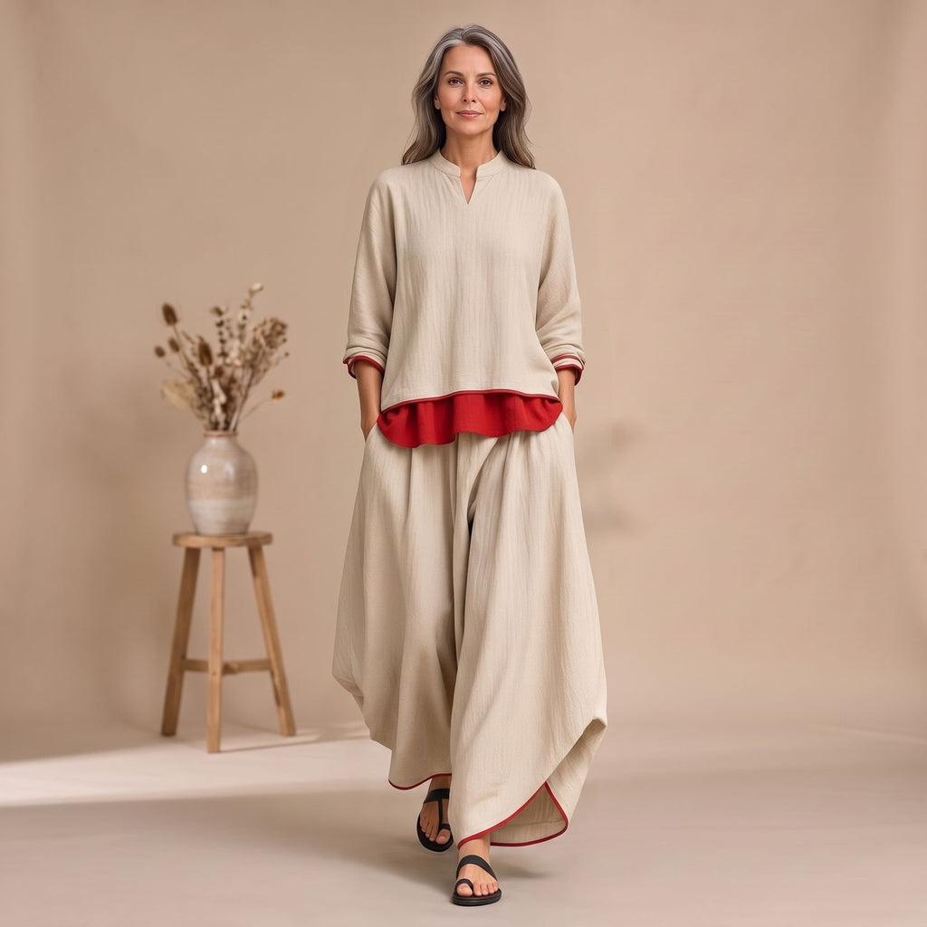 Women's Relaxed Flowing Two-Piece Lounge Set Layered Contrast Detail - Beige