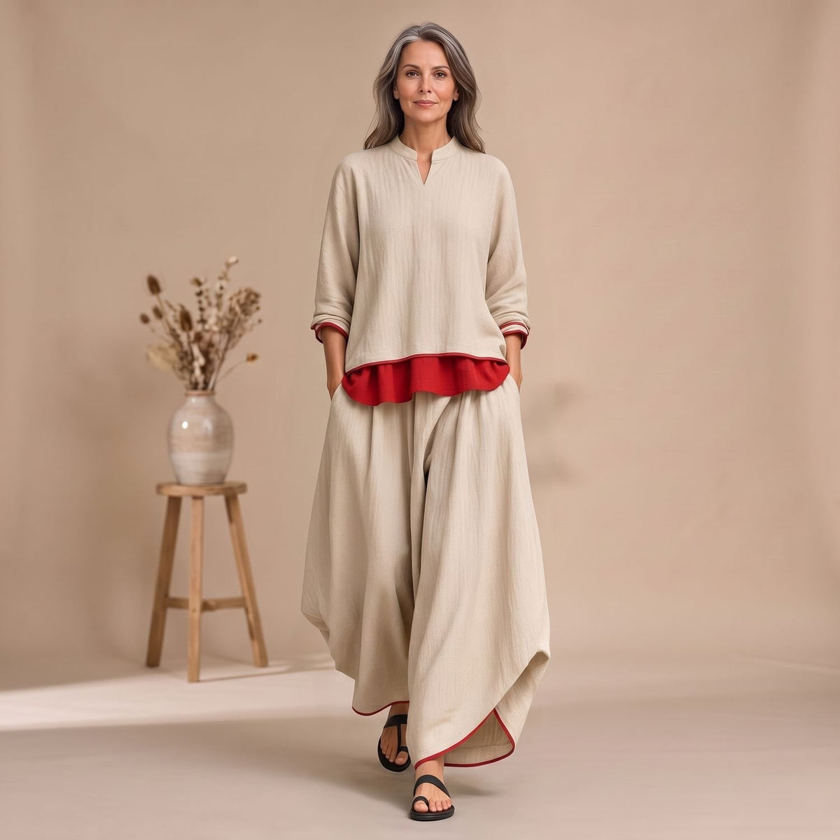 Women's Relaxed Flowing Two-Piece Lounge Set Layered Contrast Detail - Beige