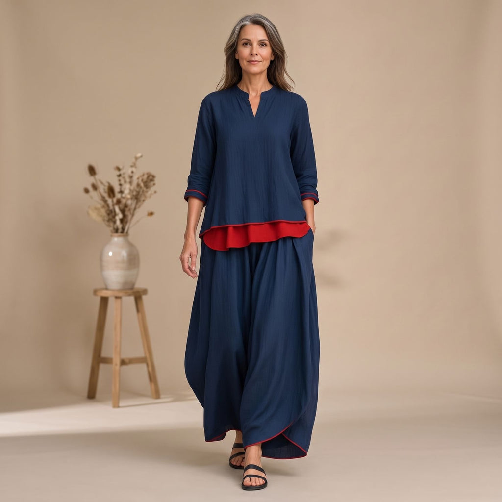 Women's Relaxed Flowing Two-Piece Lounge Set Layered Contrast Detail - Blue
