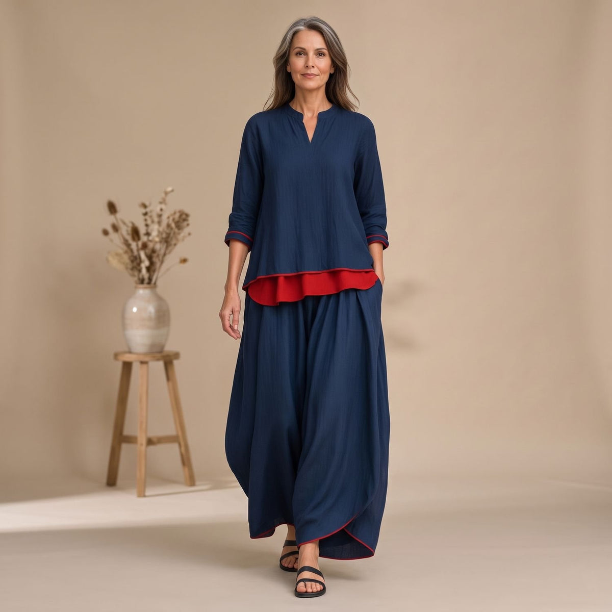 Women's Relaxed Flowing Two-Piece Lounge Set Layered Contrast Detail - Blue