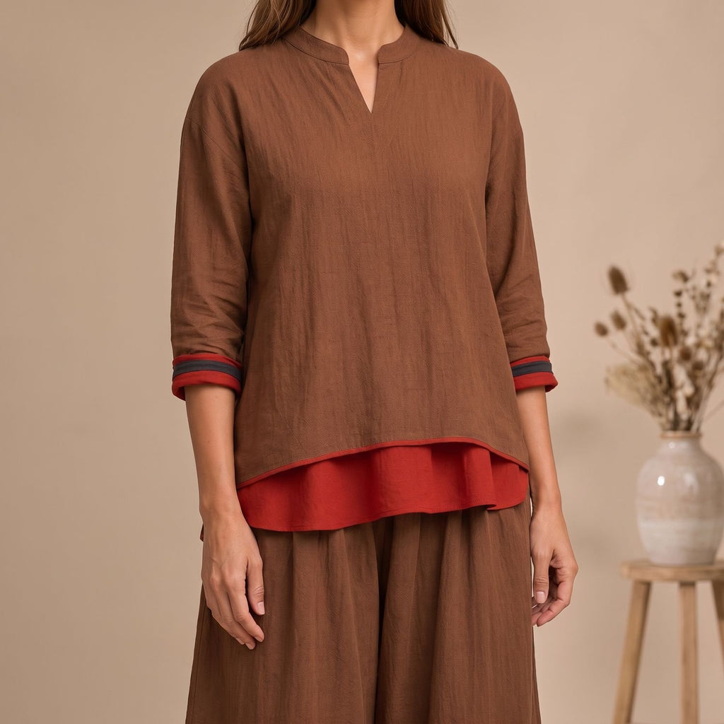 Women's Relaxed Flowing Two-Piece Lounge Set Layered Contrast Detail