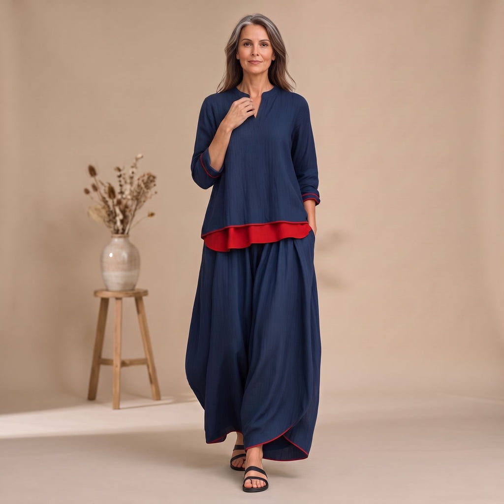 Women's Relaxed Flowing Two-Piece Lounge Set Layered Contrast Detail