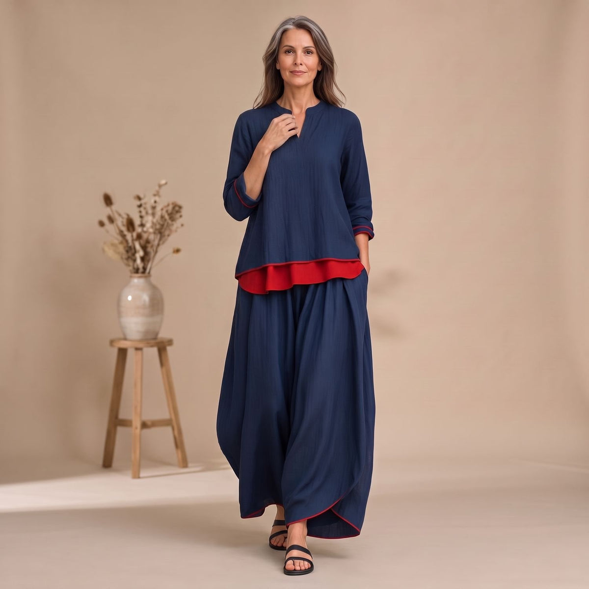 Women's Relaxed Flowing Two-Piece Lounge Set Layered Contrast Detail
