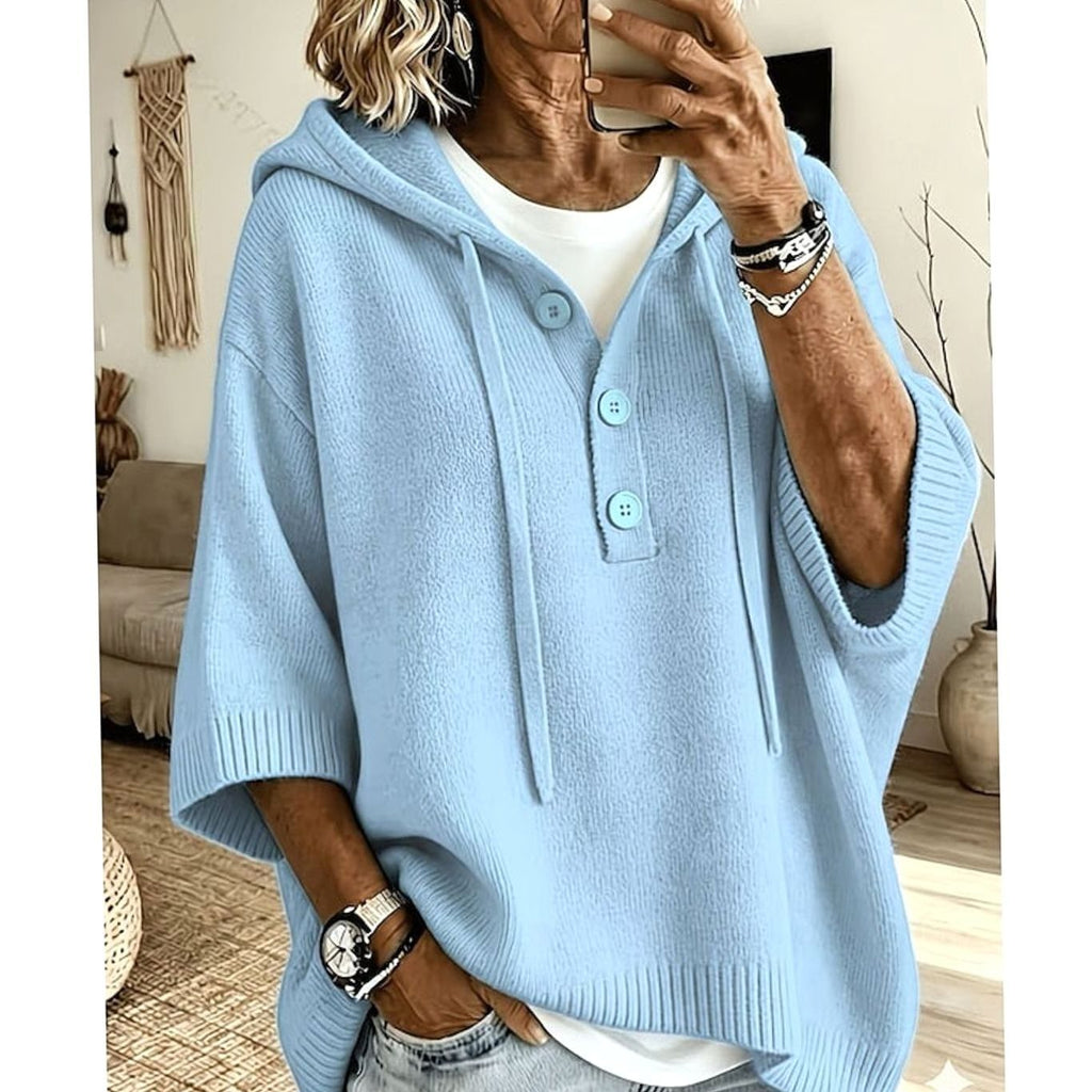 Women's Relaxed Hooded Knit Sweater 3/4 Sleeve Button-Front - Sky Blue