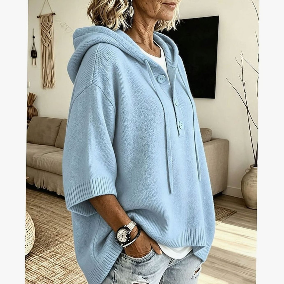 Women's Relaxed Hooded Knit Sweater 3/4 Sleeve Button-Front